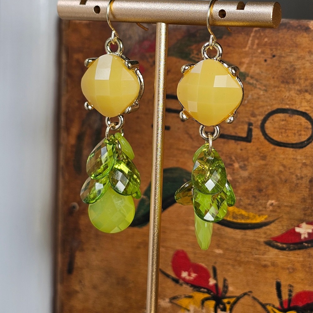 Green Yellow Cluster Drop Dangle Earrings Women OS Faceted Bead Boho